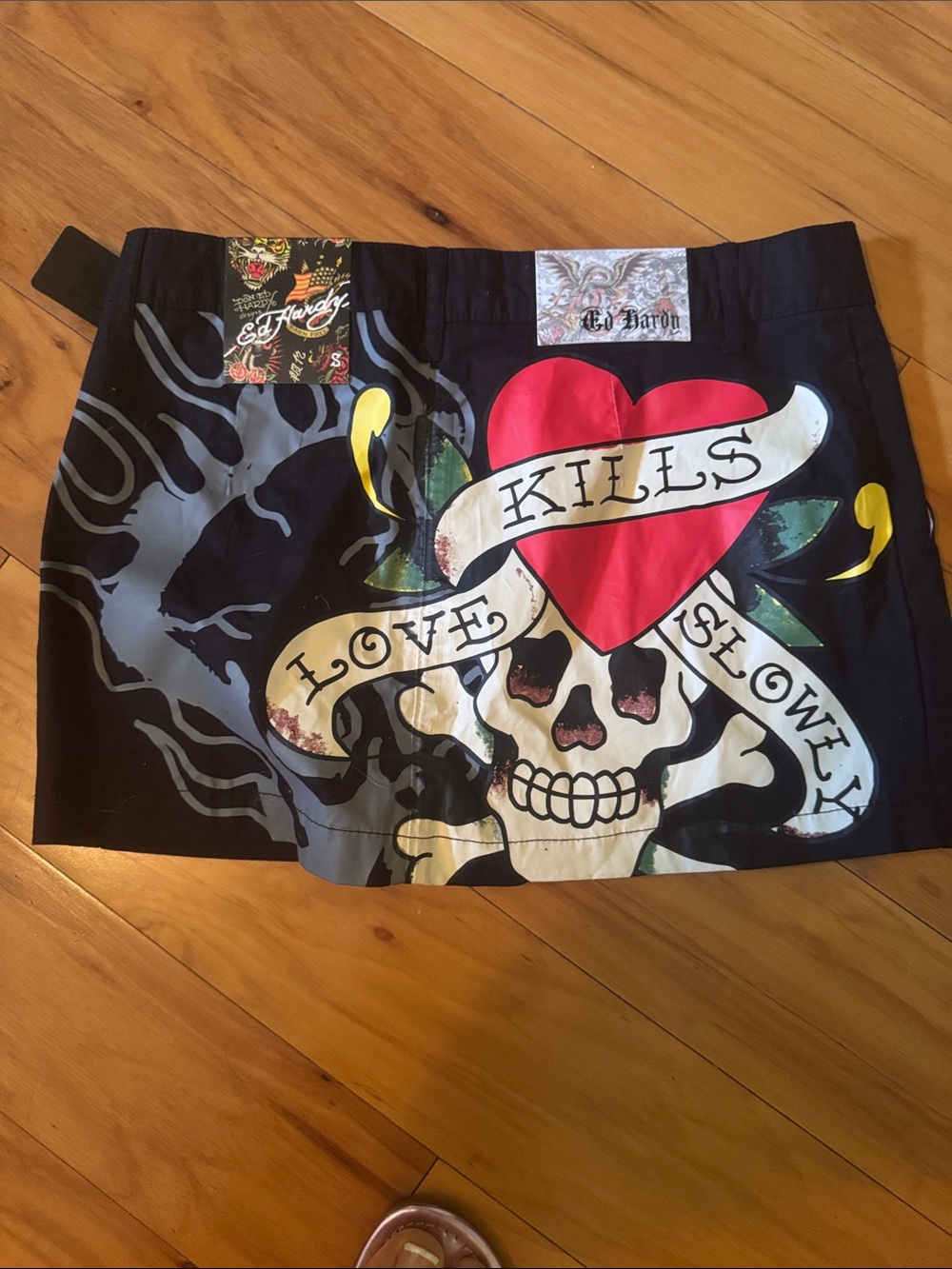Ed Hardy Black Mini Skirt with Gold Script Logo